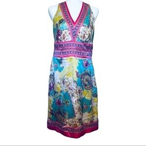 NICOLE Miller 100% Silk Floral Paisley Dress V Neck Collar